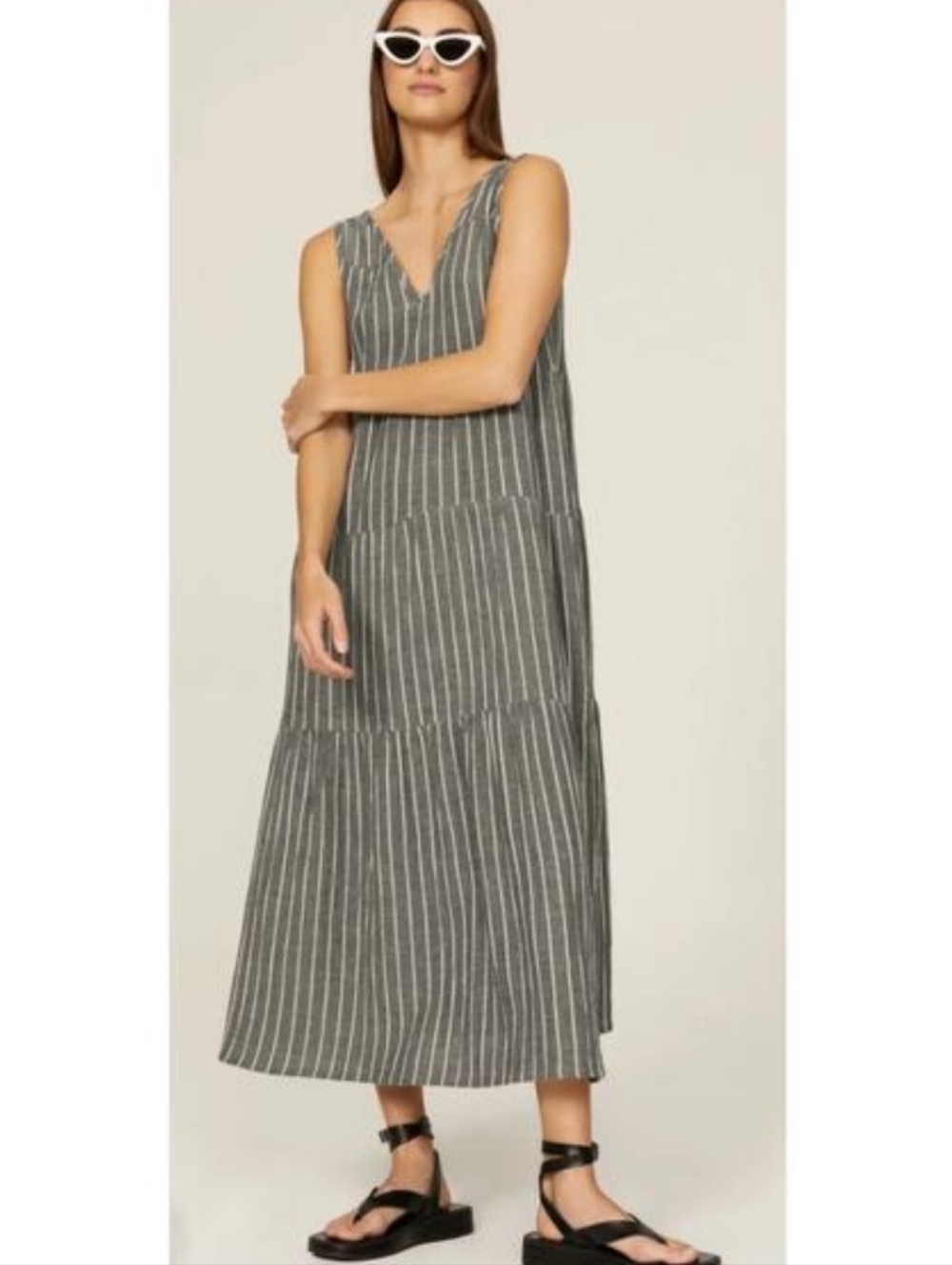 Marine Layer Corinne Striped Tiered Midi Dress Size Large Gray White